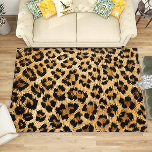 Teppich Leopardenmuster - Teppich Wohnzimmer Schlafzimmer Geparden, Kleiner Teppich Tiermuster, Weich Kurzflor & Waschbar & rutschfest Fussmatte Innen, Kinderteppich 50x80 cm
