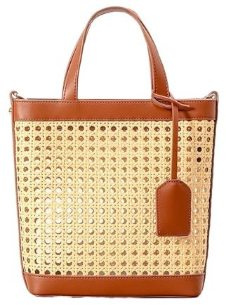 Fasksh Sac à main en paille pour femme, sac en rotin pour femme, sac fourre-tout en paille en cuir synthétique, sac de plage d'été, sac de vacances, marron, Taille unique