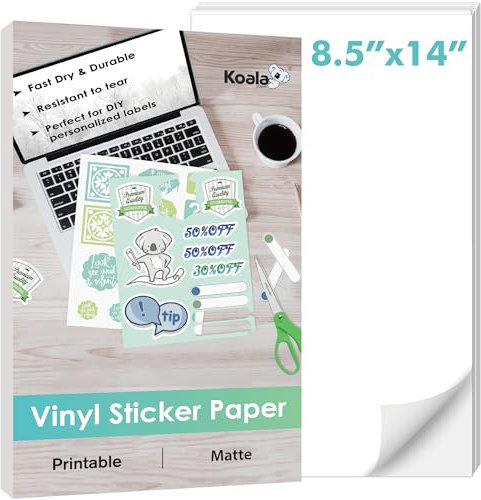 Koala bedruckbares Vinyl-Aufkleberpapier für Tintenstrahldrucker, 21,6 x 35,6 cm, 20 Blatt, mattweiß, wasserfest, Vinyl-Aufkleberpapier, funktioniert mit Schneidemaschine