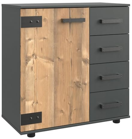 Kommode Industrial Look Sideboard Anrichte Kommode Schrank Aufbewahrungsschrank 1 Tür 4 Schubladen Graphit Fichte 81x83x41 cm