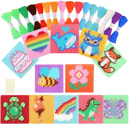 Pllieay 12in1 Kreuzstich Anfänger Set Kinder Stickerei Kit enthält 12 Stück Kunststoff Mesh Canvas, 16 Garne, 6 Webenadeln, Nadelspitzen Starter Kit Nähen Set mit Anleitung