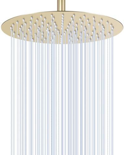 KINLIV Soffione doccia a pioggia rotondo da soffitto in acciaio inox 304, design ultra sottile, 30,5 cm, oro spazzolato, doccia a pioggia con 120 ugelli in silicone, bagno moderno