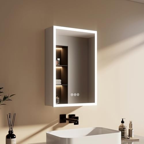 EMKE LED Lighted Bathroom Cabinet with Mirror, 400x600mm Single Door Wall Mounted Bathroom Mirror Cabinet with Shaver Socket, Anti-Fog, Dimmable & 3 Colors, Bathroom Storage Mirror Cabinet with Light