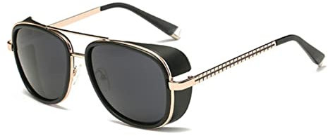 NOURIS Sunglasses, Steampunk Iron Man 3 sunglasses men brand women mirror designer sun glasses Vintage lens red sunglasses-Gold-Tea(Gold-black)