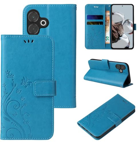 LBH Handy Hülle für Xiaomi Redmi 13 Case Handytasche Schmetterling Blumen Flower Standfunktion Schutzhülle Magnet Rundum Schutz 360 Grad Flipcase Cover Blau