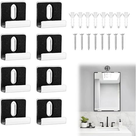 8PCS 304 Stainless Steel Frameless Mirror Clips - Heavy Duty Metal Mount Holder Kit With Screws, Rubber Pads - Hanging Hardware for Fixing Cabinet Door, Billboard Display (Silver)