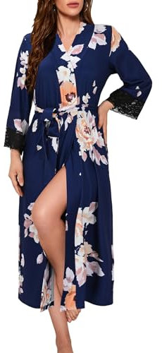 Evolyline Bademantel Damen Leicht Lang Morgenmantel V-Ausschnitt Nachthemd Langarm Spitze Kimono Bathrobe Women Sauna Hausmantel