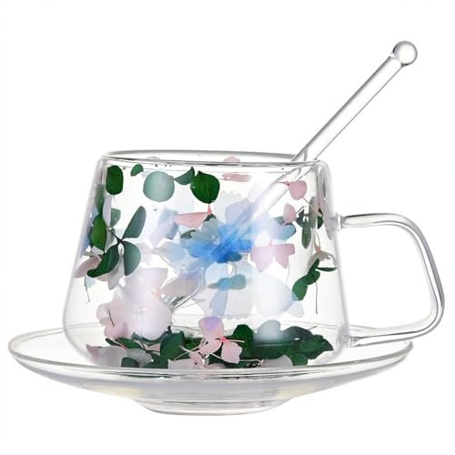 MOTUZP 8OZ Glass Cups and Saucers Set Glass Coffee Mugs Set Double Wall Glass Coffee Mugs Flower Double Wall Coffee Mugs for Espresso Cappuccino Latte Tea Juice (Green)