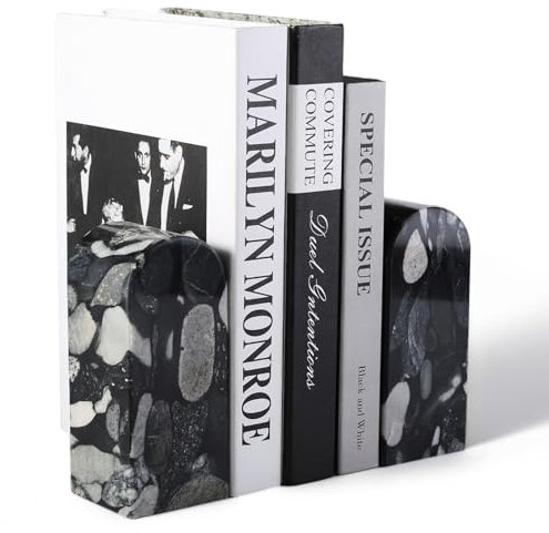 Koville Luxuriöse Marmor-Buchstützen für Regale, dekorative Stein-Buchstützen, 3,2 kg, robuste Marmor-Buchhalter, Bücherregal, Wohnungsdekoration für normale Bücher/CD/Videospiele