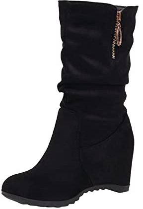 Generisch Stivali da donna con pelo increspato zeppa Stivali di media altezza con altezza interna rialzata moda tinta unita Camoscio Stivaletti con cerniera Stivali invernali comode da donna, nero 1,