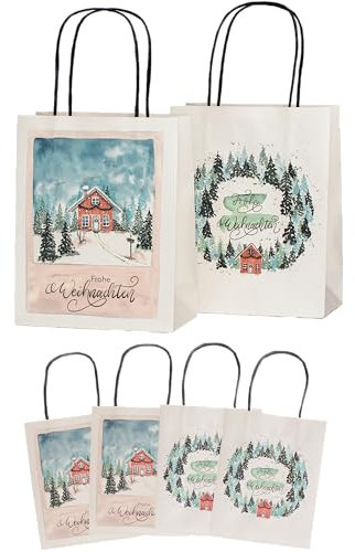 100% Mosel Geschenktüten Weihnachten, mit Aquarellmotiv, 6 Stück (18 x 23 x 9 cm), Weihnachtstaschen aus baumfreien Naturpapier, Geschenkverpackung im Skandilook