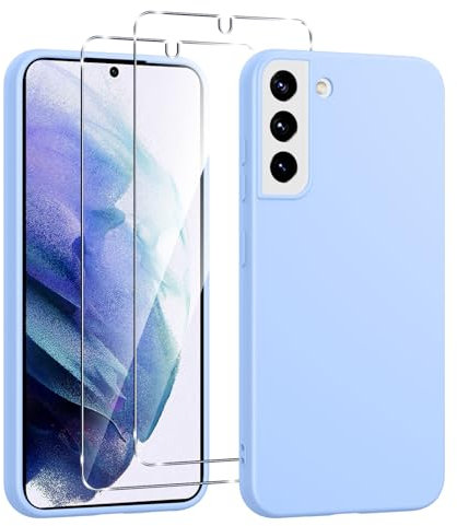 Viojrlra Coque Silicone pour Samsung Galaxy S21 5G avec 2 Pièces Verre Trempé, Protection Complète du Corps au Toucher Soyeux, Housse Etui de Protection en TPU Souple, Antichoc Anti-Rayures, Bleu