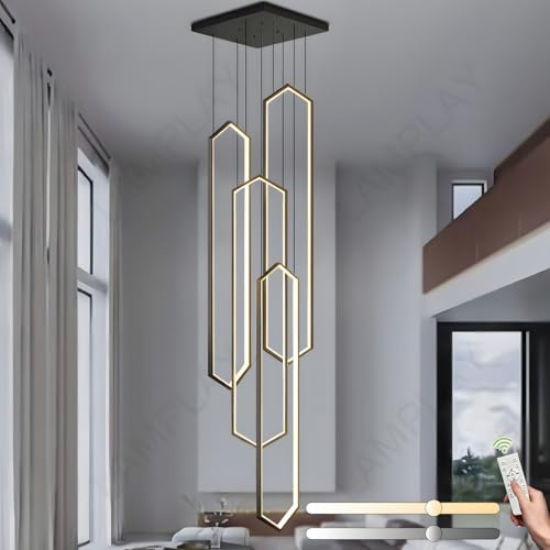 LAMPLAY Moderner Kronleuchter, 4 LED-Schwarz-Diamantringlichter, Höhenverstellbarer Villa-Kronleuchter, Wohnzimmerlicht Mit Fernbedienung, 3000K-6000K Dimmen, Flur Wohnzimmer Treppe Villa