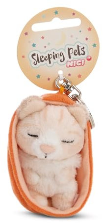 NICI 61607 Porte-clés, Motif Chat, Inscription « Sleeping Pets », 8 cm, Dans Un Panier, Beige, Compagnon Fidèle Pour Sac À Dos Ou Pour Sac, Pour Petits Et Grands