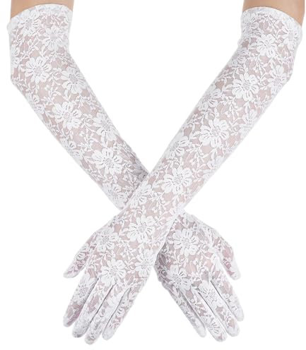 Yolev Hochzeit Spitzenhandschuhe Damen Florales Braut Hochzeit Handschuhe Elegante Netzhandschuhe Blumen Ellenbogenlänge Fäustlinge Lace Gloves Fingerhandschuhe für Teeparty Cosplay (Weiß)
