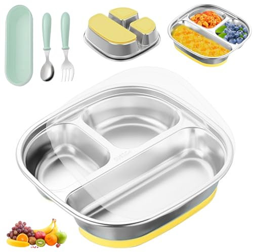CHENBOOW Piatto Ventosa per Bambino,Piatti divisi,Piatti per bambini in acciaio inossidabile,Vassoio alimentare diviso in acciaio inossidabile,con cucchiaio e forchetta