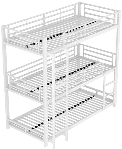 WEALTHOUSE Metallbett Dreifach-Etagenbett mit stabilem Eisenrahmen und Geländer, platzsparendes Hochbett für Mitarbeiterwohnheim, Studentenwohnung, mit Leiter, für 3 Personen (90x200cm,Weiß)