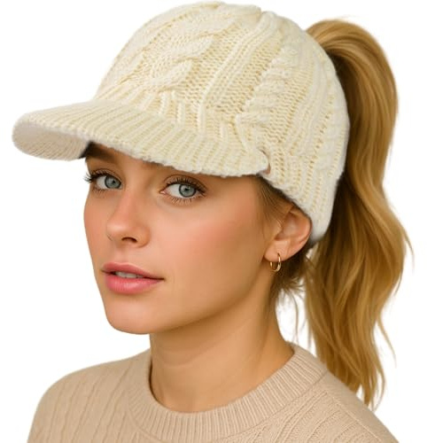 TOP-EX ChicPony™ Merino Wolle Ponytail Strickmütze mit Schirm 3 Zopföffnungen Fleece Gefüttert Warme Winddichte Wintermütze Damen