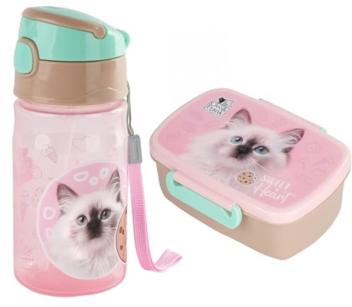 Goldkids - Brotdose und Trinkflasche Set für Kinder – BPA-frei, auslaufsichere Trinkflasche 330 ml - Lunchbox- Katze Motiv