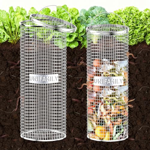 UNIFAMILY 2pack Inground Worm Composting Bin, Stainless Steel Outdoor Compost Bin with Handle, Worm Composter, Worms Bins for Composting Recycling Kitchen Food Waste (Compost Bin with Handle)