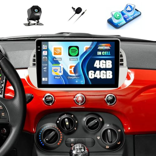 CAMECHO 4+64GB Car Stereo with Wireless CarPlay Android Auto for 2007-2015 Fiat 500 Radio, 9 Inch InCell 1280 * 720 Touch Screen Car Radio with Android 15 GPS WiFi Bluetooth FM RDS Backup Camera