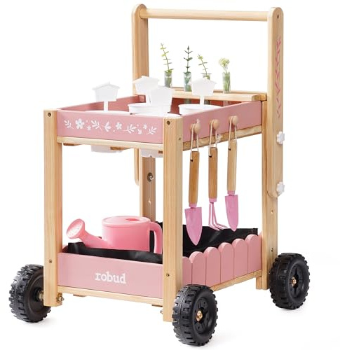 ROBUD Kids Gardening Set with Wooden Trolley - Gardening Tools with Watering Can, Shovel, Hand Rake, Plant Cups, Hydroponic Tubes, Educational Outdoor Garden Toy for Boys Girls Gifts Age 3+ (Pink)