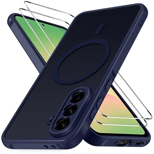 ivoler für Samsung Galaxy A56 5G Hülle, 1 Magnetisch Handyhülle mit 2 Stück Panzer Schutz Glas, [Kompatibel mit MagSafe] [Militärnorm Sturzschutz] Stoßfest Schutzhülle Silikon Case Matt Dunkelblau