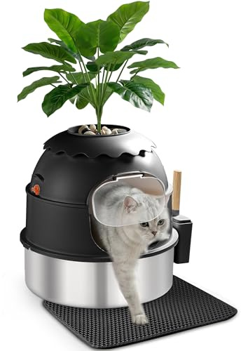 MuseMira Arenero Gatos Cubierto, Arenero Gato Grande de Acero Inoxidable con Planta Artificial, Caja Cerrada con Puerta Transparente, Incluye Pala y Alfombra, Control de Olores (Negro)