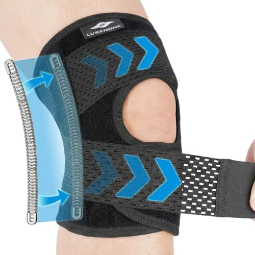 Lusenone Genouillère Sport Femme et Homme, Réglable Genouillère avec Stabilisateurs Latéraux, Genouillère Rotulienne pour Arthrose, Ligamentaire, Déchirures du Ménisque, Course, Attelle Genou, L