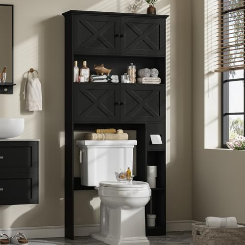 Toilettenregal über dem WC mit 4 Türen, Papierhalter und Ablagen, Schwarz | Freistehender Badezimmerschrank im Landhausstil, 80,5 x 20,8 x 172 cm, mit zwei Schrankfächern und flexiblem Seitenmodul