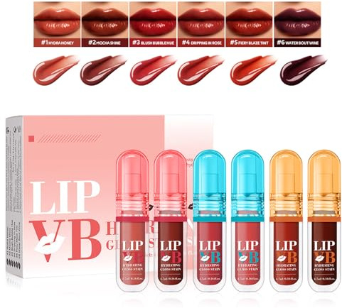 6Pcs Hydrating Lip Gloss Lip Stain Set, Waterproof Long Lasting Lip Tint with Shine Finish, Hydrating Lip Gloss Stain for daily makeup, Non-Sticky JellyTexture for Smooth lips, lip gift set for women