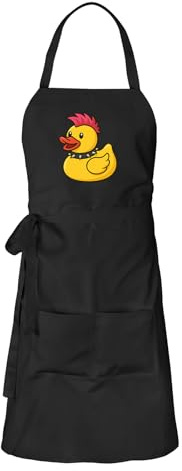 Huuraa Schürze Quietscheente Punk Gummiente Punker Geschenk | Latzschürze Baumwolle Kochschürze mit Motiv Geschenkidee verstellbare Grillschürze mit langen Bändern