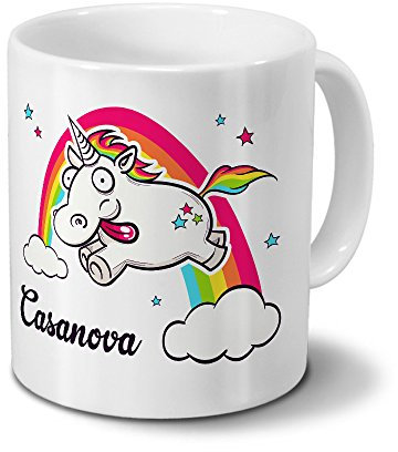 printplanet Tasse mit Namen Casanova - Motiv Verrücktes Einhorn - Namenstasse, Kaffeebecher, Mug, Becher, Kaffeetasse - Farbe Weiß