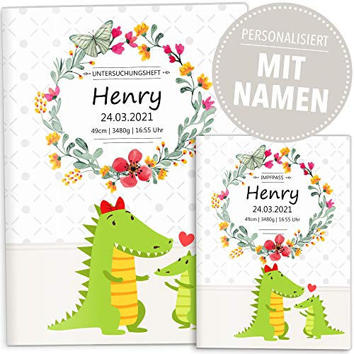 OLGS U-Heft Hülle und Impfpasshülle Mommy Love Butterfly | Untersuchungsheft Hülle inkl. Impfpasshülle Geschenkidee personalisierbar mit Namen & Geburtsdatum (U-Heft Set personalisiert, Krokodil)