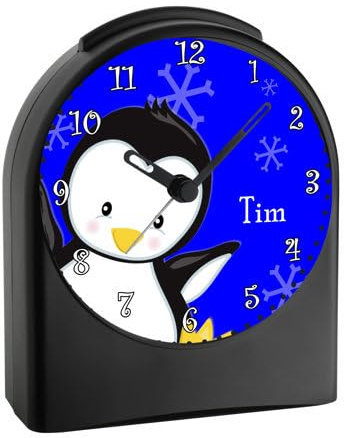 CreaDesign, WU-50-1121-01, Pinguin Farbe Blau, analog Kinderwecker schwarz, Funkwecker ohne Ticken, mit Licht, personalisiert mit Namen, 9,6 x 5,5 x 11,9 cm, 104 g