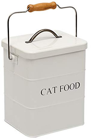 Geyecete- Cajas Almacenamiento de Alimentos y golosinas para Animales, con Mango de Madera y herméticas Tapa, Acero Carbono Revestido Contenedor de Comida para Gatos -Capacidad 3kgs-Blanco