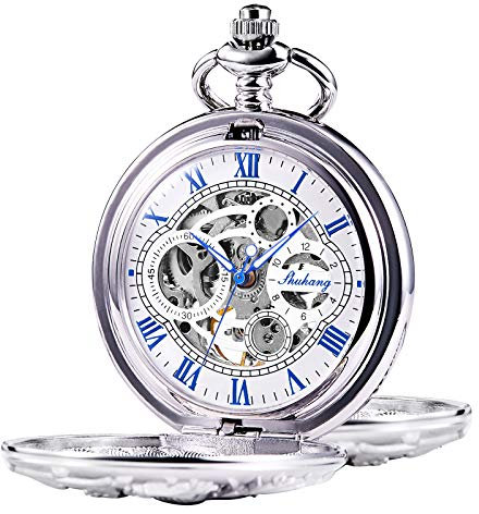 TREEWETO Unisex Taschenuhr mit Kette Analog Handaufzug Doppelscharnier Antik Drache Skelett Silber
