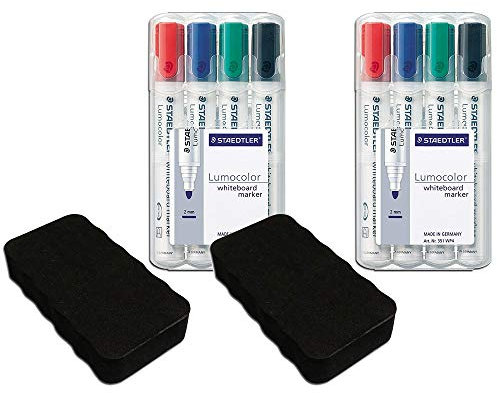 Staedtler 4er Set Lumocolor Whiteboardmarker in Standbox mit Radierer, Schwarz, Meißeltip, Whiteboardmarker, Marker, Markerstift, Whiteboard