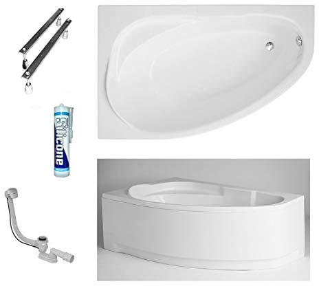 ECOLAM® Badewanne Wanne Eckwanne Eckbadewanne Acryl weiß Marea Polimat 150x100 cm LINKS + Schürze Ablaufgarnitur Ab- und Überlauf Automatik Füße Silikon Komplett-Set
