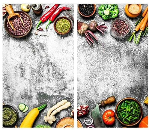 MTS Set of 2 Glass Chopping Boards - Veggies Design - Non-Slip Feet, Compatible with All Hob Types, Heat Resistant – Beautiful Hob Covers, Glass Worktop Savers for Kitchen