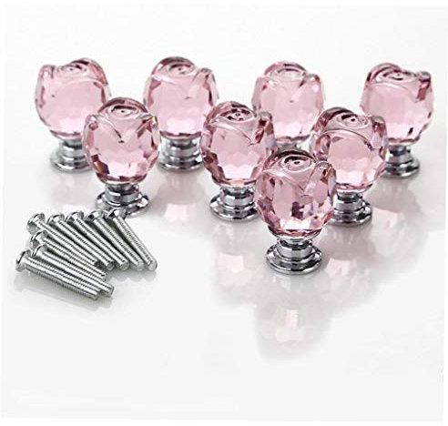 Amoyer 8pcs/set Door Knobs Pink Rose Crystal Glass Cabinet Pulls Handle Drawer Furniture Handle Door Handles with Screws