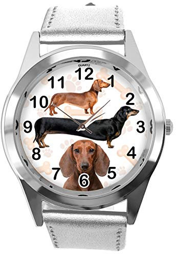 TAPORT® Silberne runde Uhr aus Leder für Dackel-Fans, silber, Modern