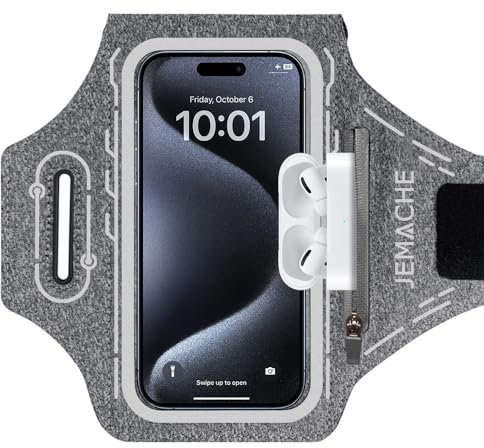 JEMACHE Running Sportarmband für iPhone 16 15 14 13 12 11 Pro Max & Plus, Gym Sport Armband mit Airpods Pro Halterung (Grau)