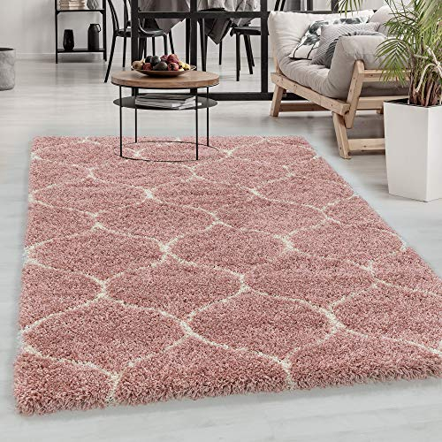 Designer Hochflor Teppich Modern, Skandinavische Design, Flauschiger Langflor Shaggy Teppich, Rechteckig, Pflegeleicht, Wohnzimmerteppich, Größe:140 x 200 cm,Farbe:Rosa-Creme