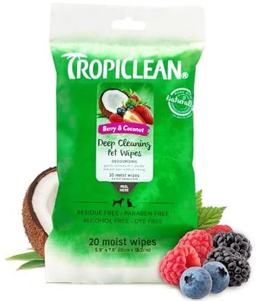 TropiClean Dog Wipes Grooming - Deep Cleaning & Deoderising Wipes for Dogs & Cats - Removes Dirt, Dander & Odour - For Pet Paws, Face, Body & Butt, Sweet Berry & Coconut, 20ct