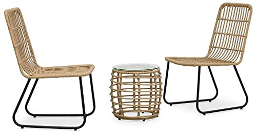 YITHOPI 3 TLG. Balkonset Beistelltisch 2 Lounge Sessel Indoor Outdoor Wetterfest Natur Poly Rattan-Look Sitzgruppe Garten Balkon Set Eiche