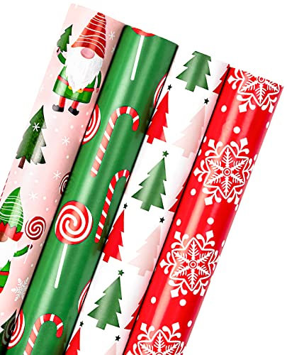 RUSPEPA Rouleau De Papier D'Emballage De Noël - Collection De Vacances De Lutin De Noël Rouge, Vert Et Rose - 4 Rouleaux - 76 cm X 305 cm Par Rouleau
