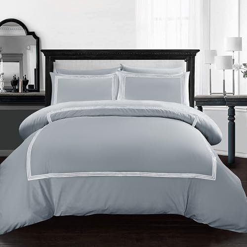 AR ware Grey Duvet Cover King Set – 3 piece luxury bratta stitch duvet cover sets with pillowcase – breathable microfiber quilt cover, Grey/White