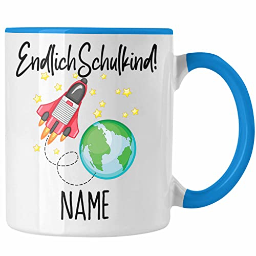 Trendation - Einschulung Tasse Personalisiert Geschenk 1. Schultag Namen Mädchen Jungs Kaffeetasse Becher (Blau)