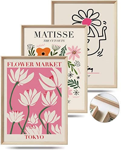 UPWOIGH Gerahmte Wandkunst (kein Plexiglas), abstrakte Henri Matisse Leinwand-Kunst, 30 x 40 cm, rosa beige, Blumenmarkt, Holzwanddekoration, Kunstwerke, minimalistische Wandkunst für Wohnzimmer,
